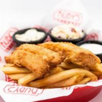 Fish & Chips · Hand-Battered, Golden-Fried, Flaky Atlantic Cod Fillets.  Served with Homemade Tartar Sauce