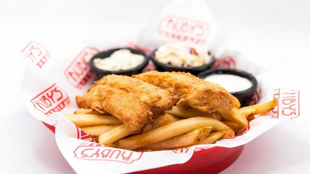 Fish & Chips · Hand-Battered, Golden-Fried, Flaky Atlantic Cod Fillets.  Served with Homemade Tartar Sauce