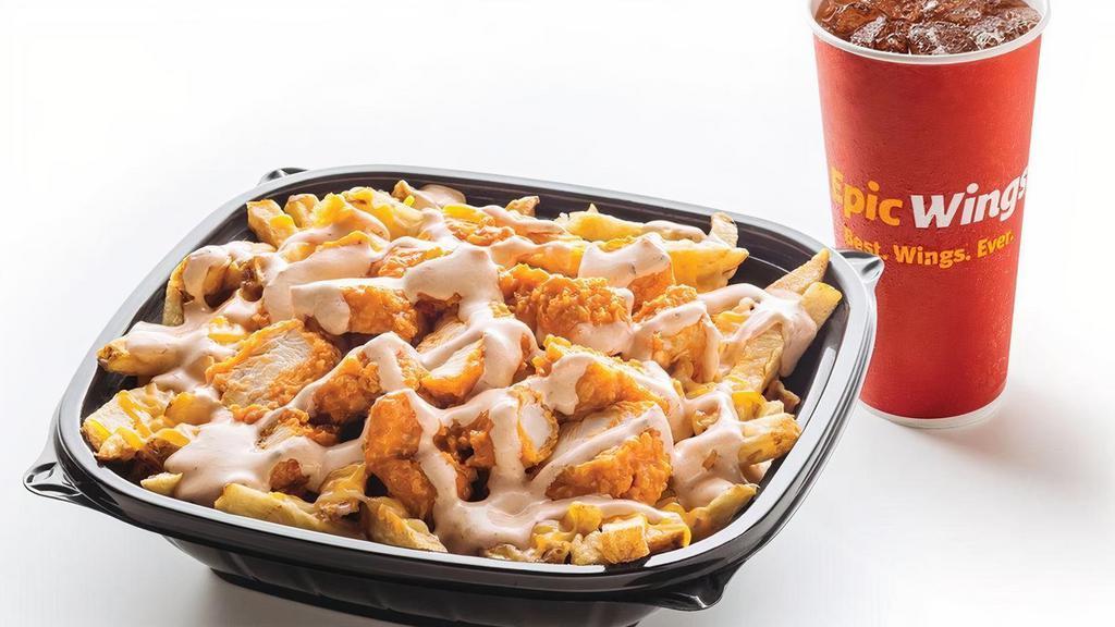 Epic Chicken Fries Combo · Our Epic Chicken Fries, hand-cut fries topped with chicken tossed in your choice of sauce, melted cheese and chipotle ranch, and a 20oz Fountain Drink