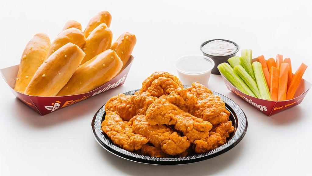 Family 16 Pc Tenderloin Strips · Includes 16 tenderloin strips tossed in your choice of sauce, 8 oven-fresh breadsticks, 16 veggie sticks and (2) 4 oz housemade ranch or blue cheese dips.