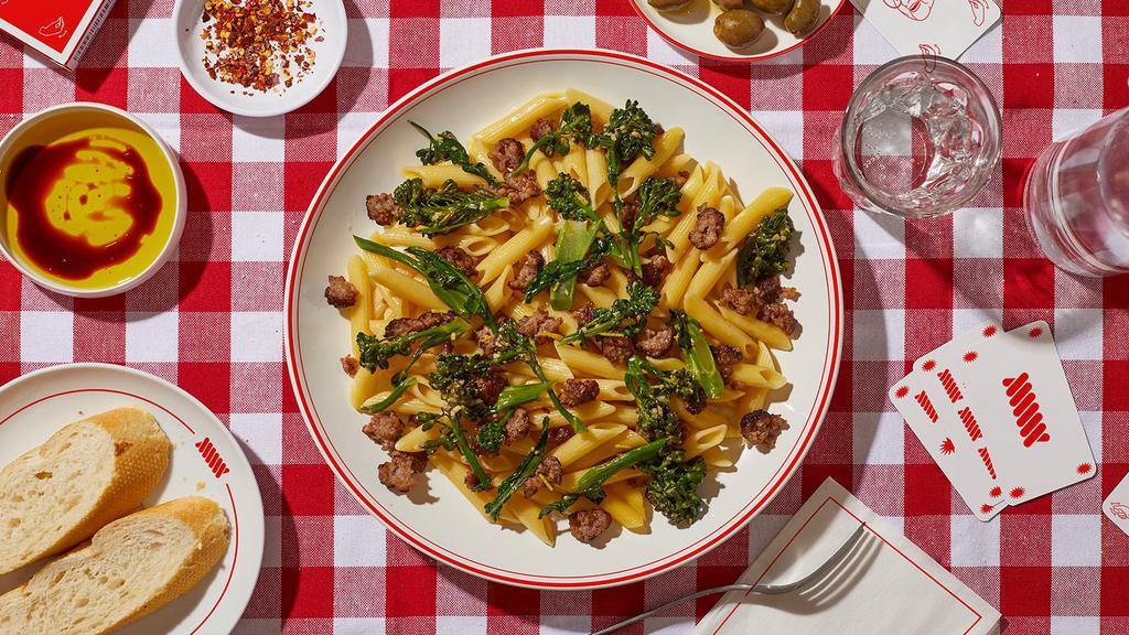 Penne With Sausage And Broccoli Rabe · Penne pasta tossed with italian sausage and broccoli rabe.