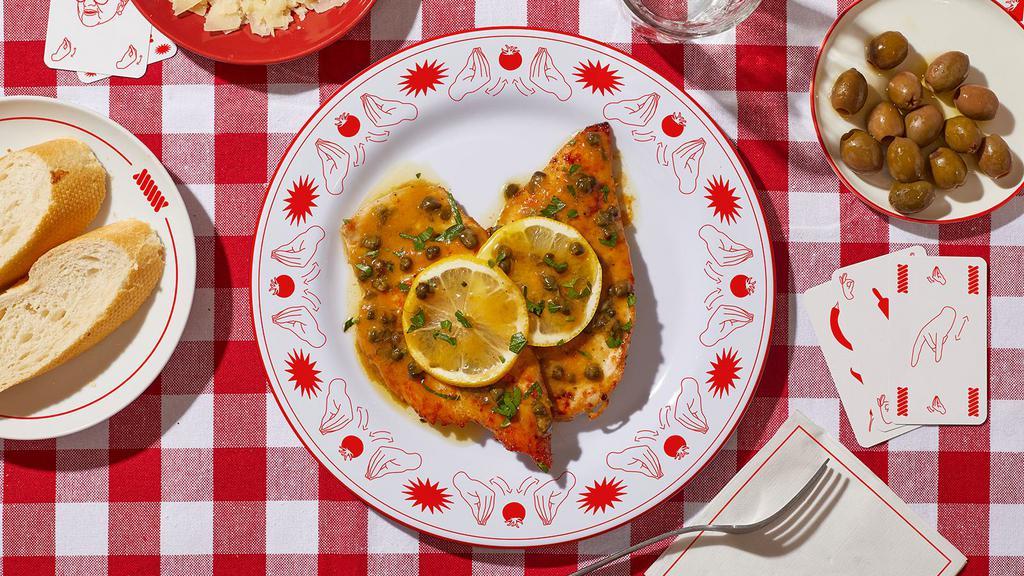 Chicken Piccata · Chicken cooked in a sauce of lemon, butter, and capers.