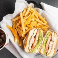 Chicken Sandwich · Hamburger bun, mayo, lettuce, tomato, fries, and medium drink.