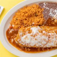 Burrito Mojado Combo · Wet burrito is smothered with your choice of red or green salsa and mozzarella cheese.