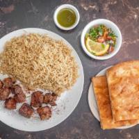 Beef Kabob · served with rice, naan and salad