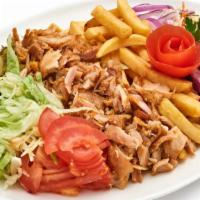 Chicken Doner Salad · Chicken gyros with organic mixed greens, red onions, tomato, lettuce, cucumbers, feta cheese...