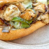Chicken Sandwich · Chicken, grilled onions, mushrooms, green peppers,
Provolone or White American cheese on a r...