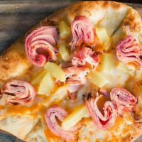 Hawaiian · Black forest ham and chunks of sweet pineapple with a splash of red sauce covered in melted ...