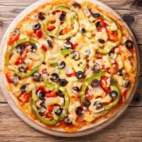 Vegetable Lover Pizza · Fresh, hand-tossed pizza with mushrooms, green peppers, black olives, onions, and sliced tom...