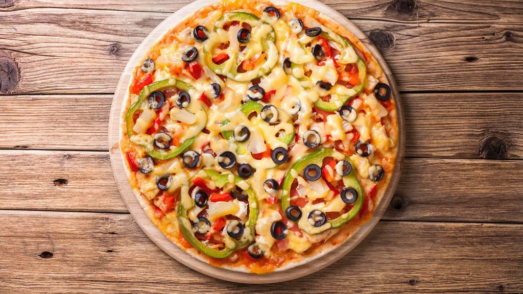Vegetable Lover Pizza · Fresh, hand-tossed pizza with mushrooms, green peppers, black olives, onions, and sliced tomatoes.