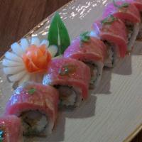 Gogo Roll · Shrimp tempura roll topped w/ seared tuna & sweet soy glaze.