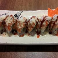 Killer Bee Roll · Shrimp tempura roll topped w/ spicy tuna, pankko crumbs, sweet red sauce & eel sauce.