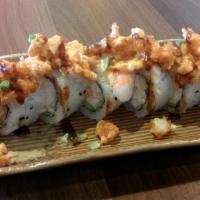 Shrimp Bizkit Roll · Spicy California roll topped w/ ebi shrimp, chopped panko-battered shrimp, jalapeno & spicy ...