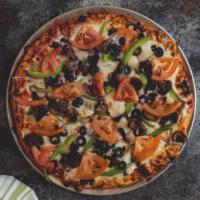 Veggie Pizza · Mushrooms, onions, green peppers, black olives and tomatoes.