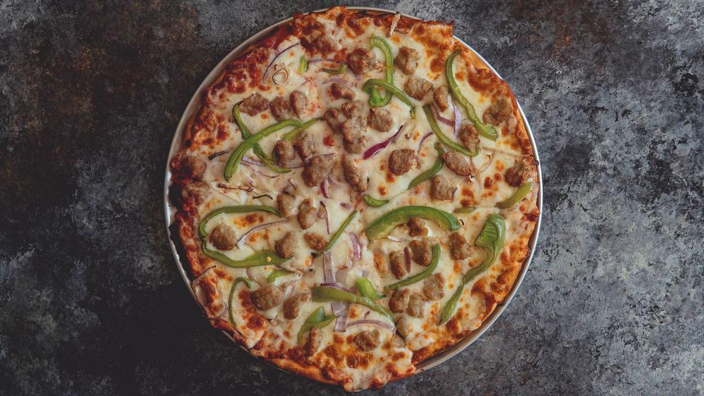 Sausage Pizza · Sausage, green peppers, red onions, marinara sauce and mozzarella,