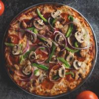 Works Pizza · Pepperoni, Canadian bacon, mushrooms, onions, green peppers and sausage.