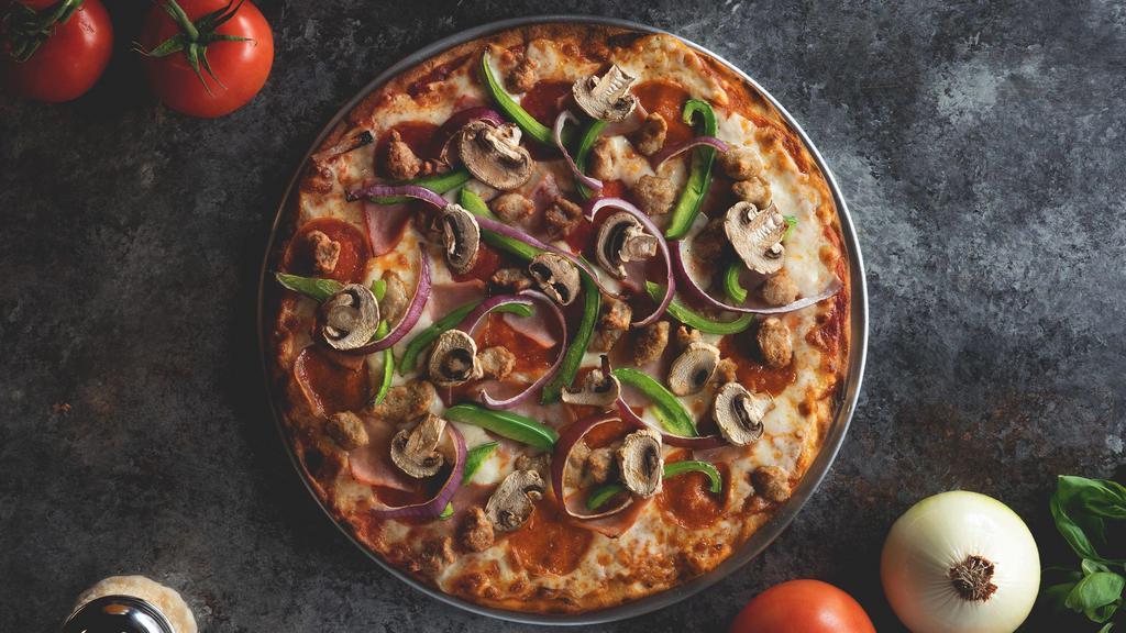 Works Pizza · Pepperoni, Canadian bacon, mushrooms, onions, green peppers and sausage.