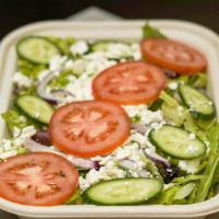 Greek Salad · Lettuce, tomatoes, onion, kalamata olives, cucumber, feta cheese, greek dressing.