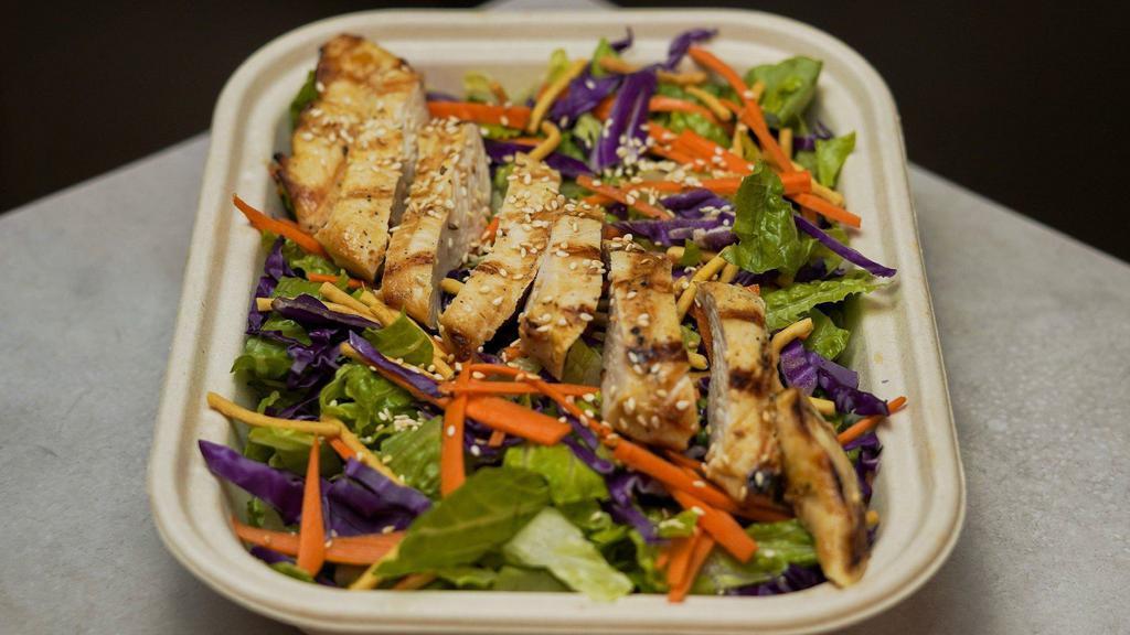 Chinese Chicken Salad · Chinese noodles, chicken, lettuce, green onions, sesame seeds, cilantro, red cabbage, carrots, oriental dressing