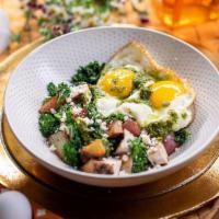 Cafe Grilled Chicken Breast Bowl · 2 eggs, chicken breast, roast potato, feta, kale, pesto