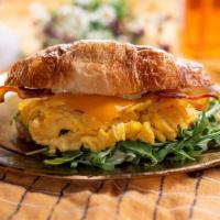 Cafe Bacon Breakfast Croissant · bacon, cheddar, egg, lemon herb aioli, arugula, croissant