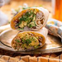Luxury Grilled Sausage Breakfast Wrap · flour tortilla rolled up + stuffed with 2 eggs scrambled, breakfast sausage, cheddar cheese,...