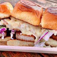 Pork Belly Sliders · Crispy Pork Belly, Pepper Jack Cheese, Slaw, Fried Egg, Hawaiian Rolls