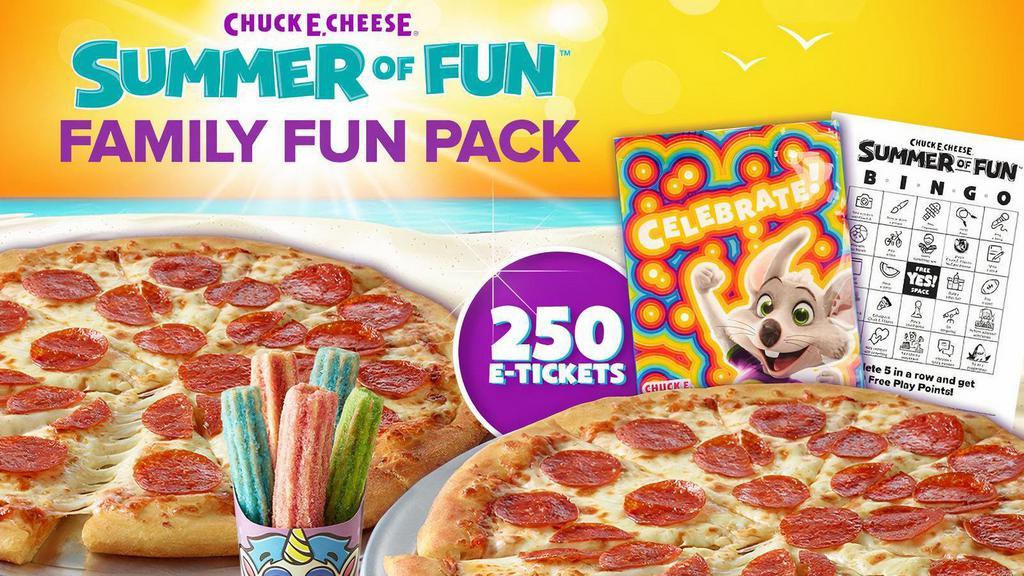 Summer Family Fun Pack · Bring home the fun! Get Two Large, 1- Topping Pizzas, Unicorn Churros, a Goody Bag with toys and activities, an Activity Sheet & 250 E-Tickets to use on your next visit.
