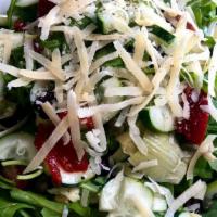 Wild Arugula Salad · Served with romaine lettuce, marinated artichoke heart, tomato, olives, cucumber, capers and...