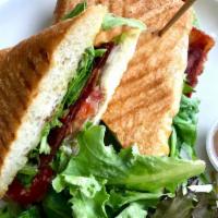 L.A.T. Sandwich · Turkey bacon, spinach, avocado, tomato, onion, and basil aioli served on ciabatta with a sid...