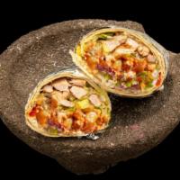 Chicken Burrito · Chicken, beans, cheese, onions, cilantro with your choice of salsa on a large flour tortilla.
