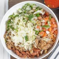 Carnitas Bowl · Meat, rice, beans, cabbage, onion, tomatoes, and cilantro.