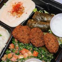 Appetizer Combo · Hummus, falafel, baba ghanoush, grape leaves & tabbouleh.