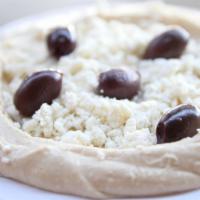 Greek Hummus · Topped with feta cheese & olives.