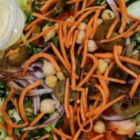 House Salad · Romaine lettuce, cucumber, tomato, garbanzo beans, carrot, onion, parsley & jalapeños. Mixed...