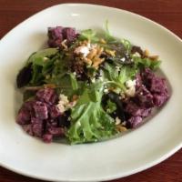 Beet Salad · Roasted beets, herbs, finely chopped garlic, walnuts tossed with olive oil and lemon juice.