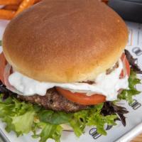 Greek Lamb Burger · 1/4 lb Greek Lamb Patty with Mix Greens, Roma Tomato, Tzatziki Sauce and Shaved Onions