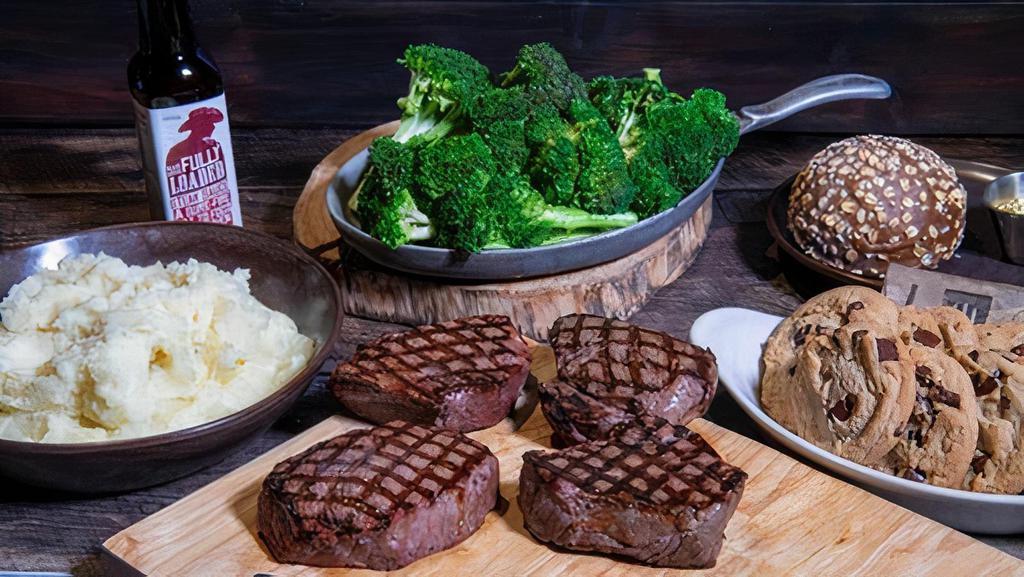 Top Sirloin Steak Family Meal · (4) 8oz Top Sirloin Center-Cut, Home-Style Mashed Potatoes or Rice, Fresh Broccoli with Garlic Butter, 8 Chocolate Chip Cookies.. *All steaks cooked to the same temperature