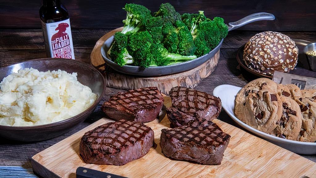 Filet Mignon Family Meal  · (4) 6oz Filet Mignon, Home-Style Mashed Potatoes or Rice, Fresh Broccoli with Garlic Butter, 8 Chocolate Chip Cookies.. *All steaks cooked to the same temperature