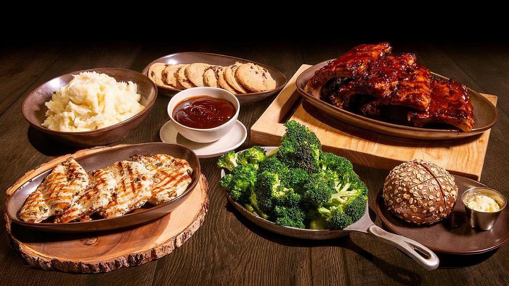 Bbq Family Meal · {4} Fire-Grilled Chicken Breasts smothered in our smoky molasses BBQ Sauce, BBQ Pork Ribs, Choice of Home-Style Mashed Potatoes or Rice, Fresh Broccoli with Garlic Butter, 8 Chocolate Chip Cookies. Additional side of our smoky molasses BBQ sauce included.