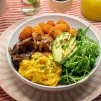 Vegetarian Farmhouse Bowl · 2 eggs, tater tots, avocado, caramelized onions, mushrooms, arugula