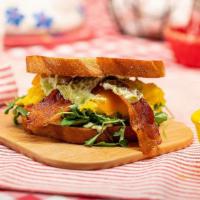 Classic Bacon Sourdough Sandwich  · sourdough, bacon, cheddar, egg, lemon herb aioli, arugula