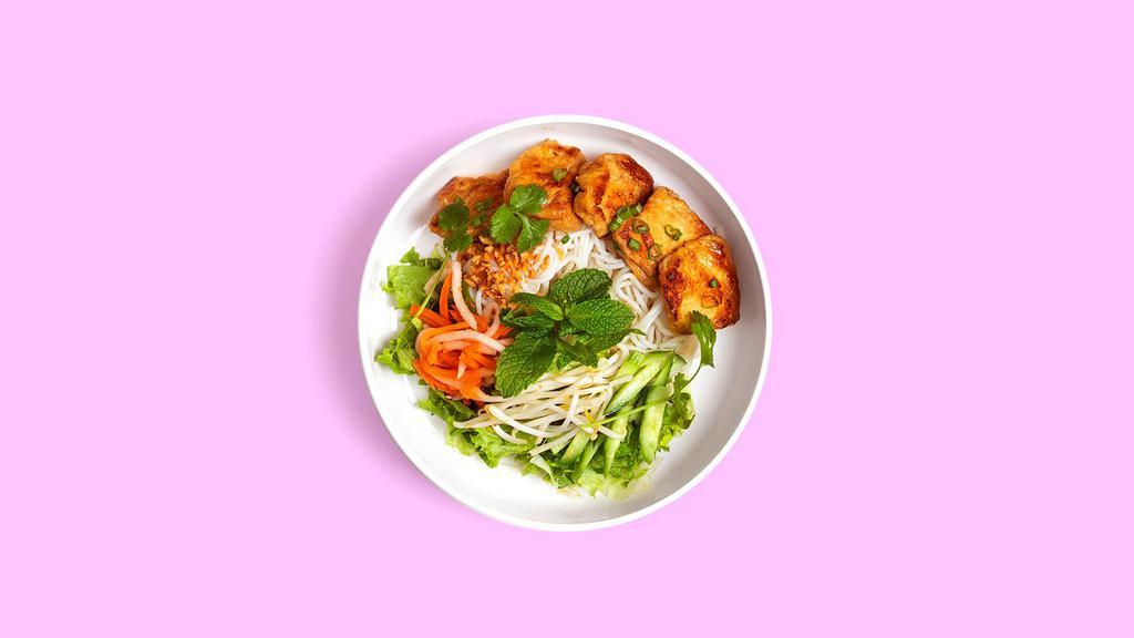 Tofu Vermicelli Bowl · Tofu with lettuce, cucumber, and basil topped with crushed peanut, green onion, pickled carrot.
