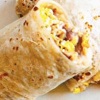 Bacon & Egg Burrito · Made with pinto beans and cheese.