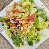 Vegetarian Chopped Salad · Chopped romaine lettuce, diced roma tomatoes, garbanzo beans, kidney beans, diced mozzarella...