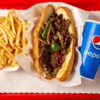 Combo #3 Philly Style Cheesesteak Or Mushroom And Cheese Cheesesteak · Includes regular fry, regular fountain drink.
