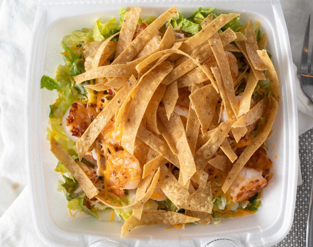 Grilled Shrimp Salad · Grilled shrimp with romaine lettuce, salsa fresca, cheese, and tortillas chips.