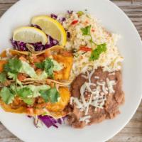 Fish Tacos · Beer battered Atlantic cod, cotija cheese, Serrano lime crema, pico de gallo, cilantro, cabb...