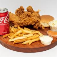 4 Pieces Chicken Meal · Four chicken pieces served with garlic sauce, house sauce, small bun, French fries and mediu...