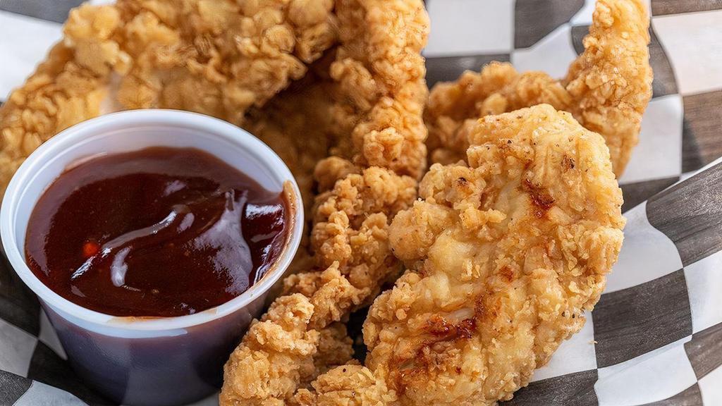 Chicken Tenders · Crispy on the outside and tender on the inside. Served with sweet honey mustard and tangy BBQ sauce.